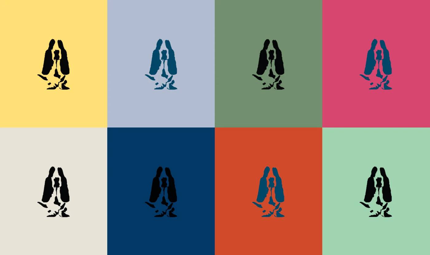 The same basset hound stamp on multiple colored tiles