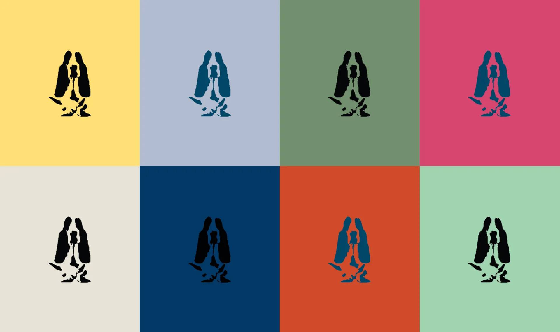 The same basset hound stamp on multiple colored tiles