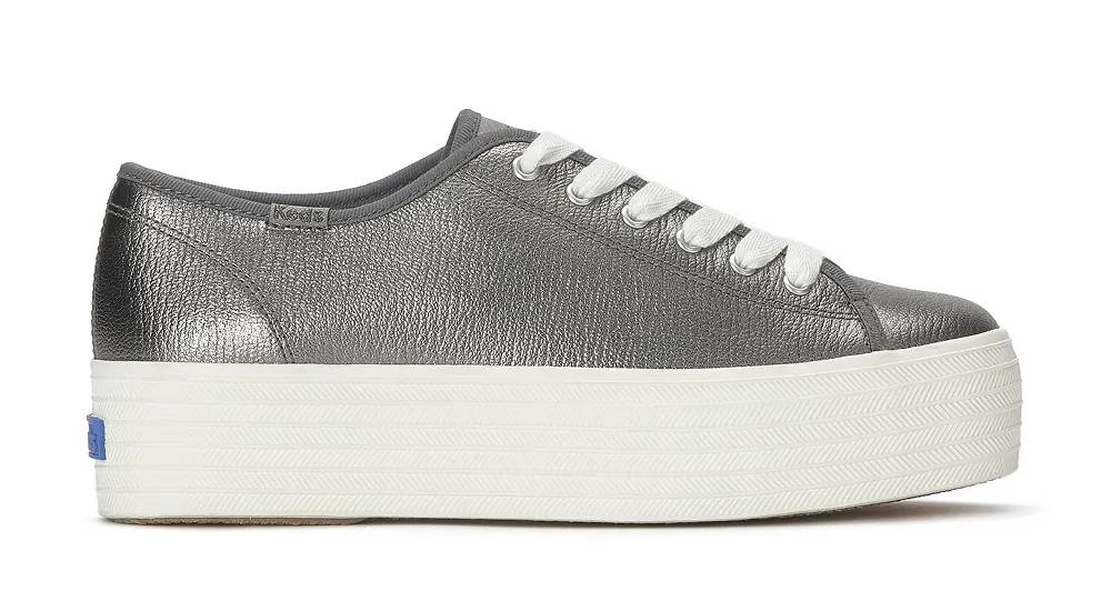 A side view of the Triple Up Metallic Leather Platform Lace-Up in gunmetal.