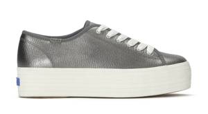 A side view of the Triple Up Metallic Leather Platform Lace-Up in gunmetal.