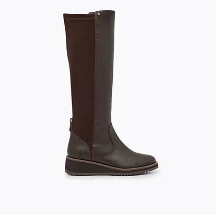 A side view and back view of the new tall Madi Boot in Black leather and stretch fabric.