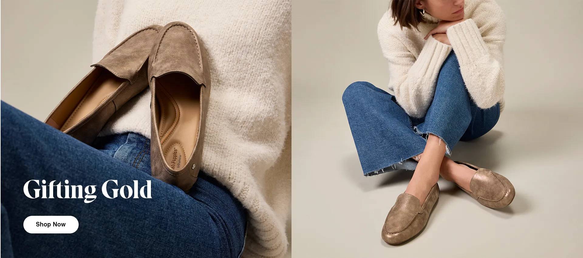 A woman sitting on the floor in a pair of gold flats.
