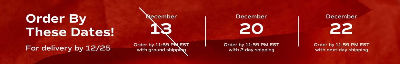 A red box with white text says, Order by these dates for delivery by December 25th. Order by December 20th 11:59 PM EST with 2-day shipping. Order by December 22nd 11:59 PM EST with next-day shipping.