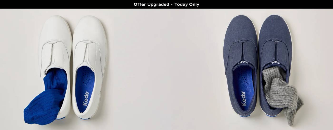 Offer Upgraded - Today Only. A light gray background featuring the Keds Champion Round Toe Slip-On with a ribbed sock tucked in the shoe. The text says  Friends & Family: 40% Off Almost Everything! Use code: FAMILY Exclusions apply. See details. Shop Now