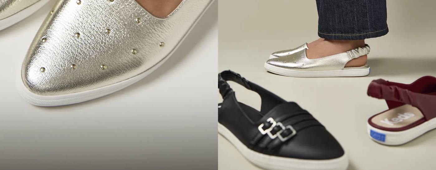 A closeup of the tonal stud embellishments on the exclusive Point Slingback Leather Stud in gold. Accompanying text says New Arrivals & Exclusives Just In! Shop All New. Shop Exclusives. Three exclusive versions of the Point Slingback are shown: the Point Slingback Leather Deco Buckles is in the front showcasing the flat’s on-trend 3-strap buckle detailing. A back view of the Point Slingback Leather in red highlights the flat’s scrunchy slingback strap. In the back, the Point Slingback Leather Stud in gold is shown on foot paired with dark-wash denim.