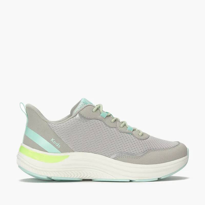 A side view of the BlissMove Mesh/Suede Lace-Up in Light Grey/Mint/Neon Lime. Shop Now.
