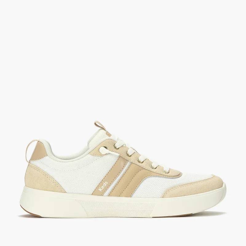 A side view of the BlissWalk Ubal Mesh/Suede/Leather in Egret/Cuban Sand. Shop Now.