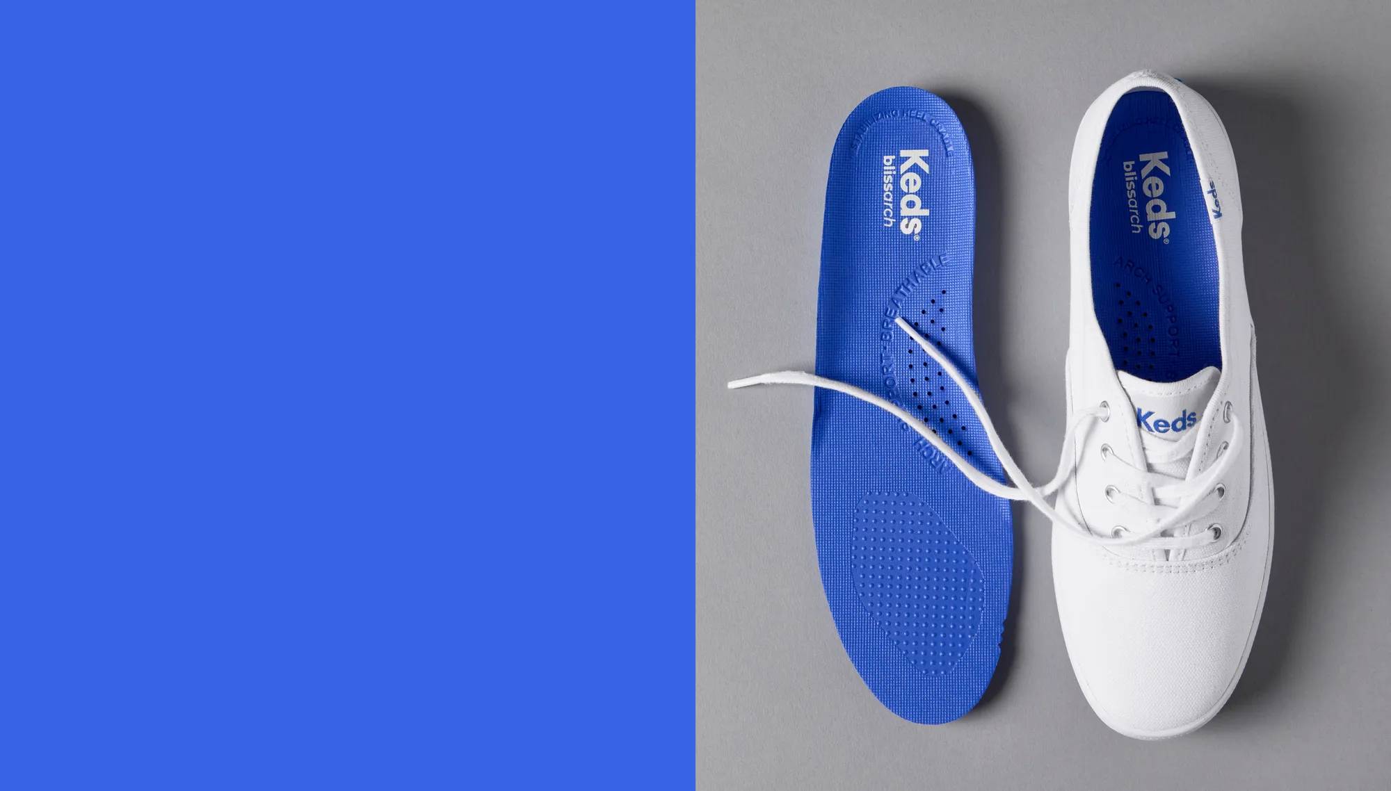 A top-down view of a Keds Champion Canvas Lace-Up in white sitting next to the Keds BlissArch supportive comfort insole.  White text on a bright blue background says Rooted in Heritage, Reimagined for Today. Every pair of our shoes features modern comfort engineering like supportive footbeds, enhanced cushioning, and breathable materials alongside that versatile, sporty-feminine look that has made Keds a wardrobe staple for generations.