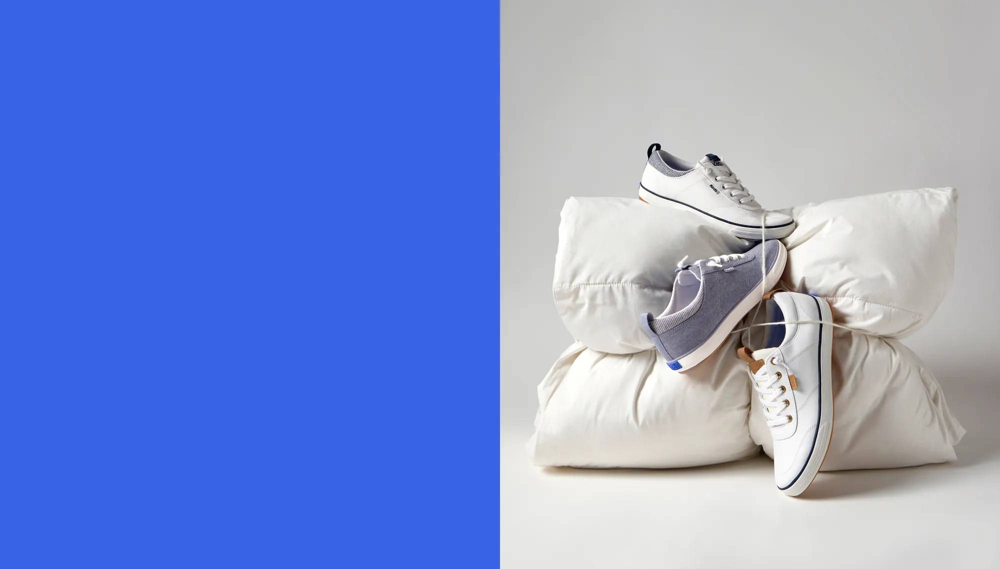 Three Center III Slip-On sneakers sitting on top of a fluffy white down comforter.  White text on a bright blue background says Comfort = Confidence. Keds was founded on the belief that looking your best means feeling your best. It’s this belief that drives us every day to create stylish, comfort-minded designs to help you walk confidently through life, wherever your path may lead.