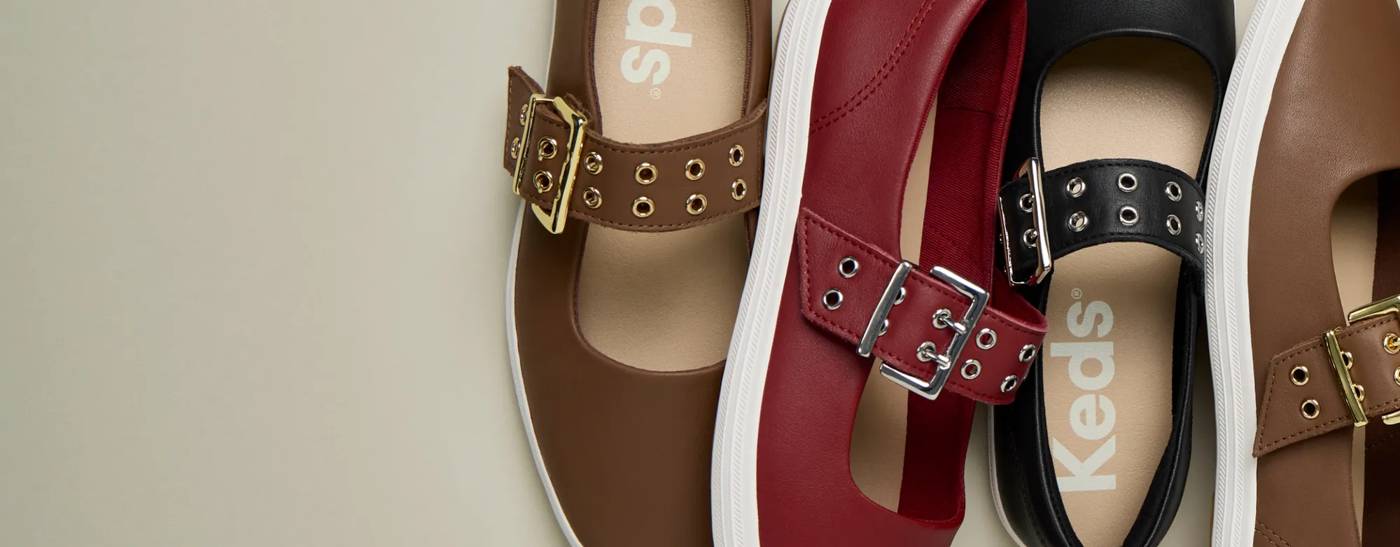 A row of the Square Toe Mary Jane Leather Grommet Buckle in brown, red, and black.
