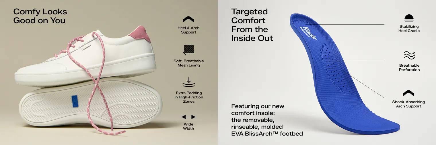 White Keds sneaker with comfort features highlighted, shown next to a blue BlissArch insole with stabilizing heel cradle, breathable design, and arch support.