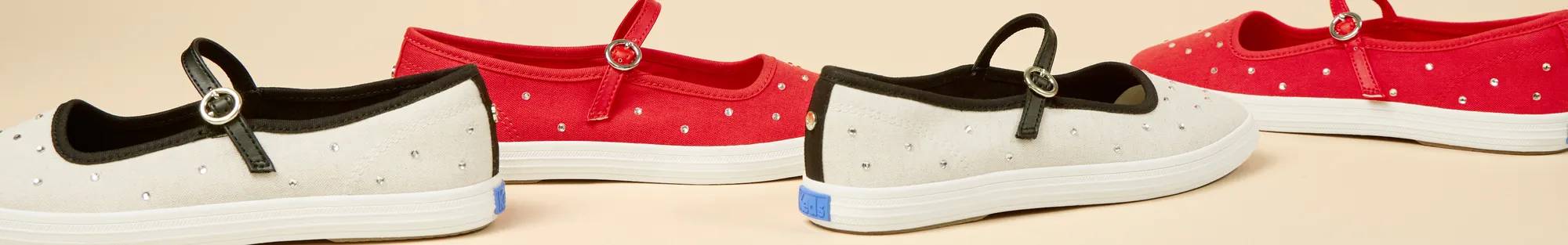 The Square Toe Mary Jane Woven Jewels in red and natural.