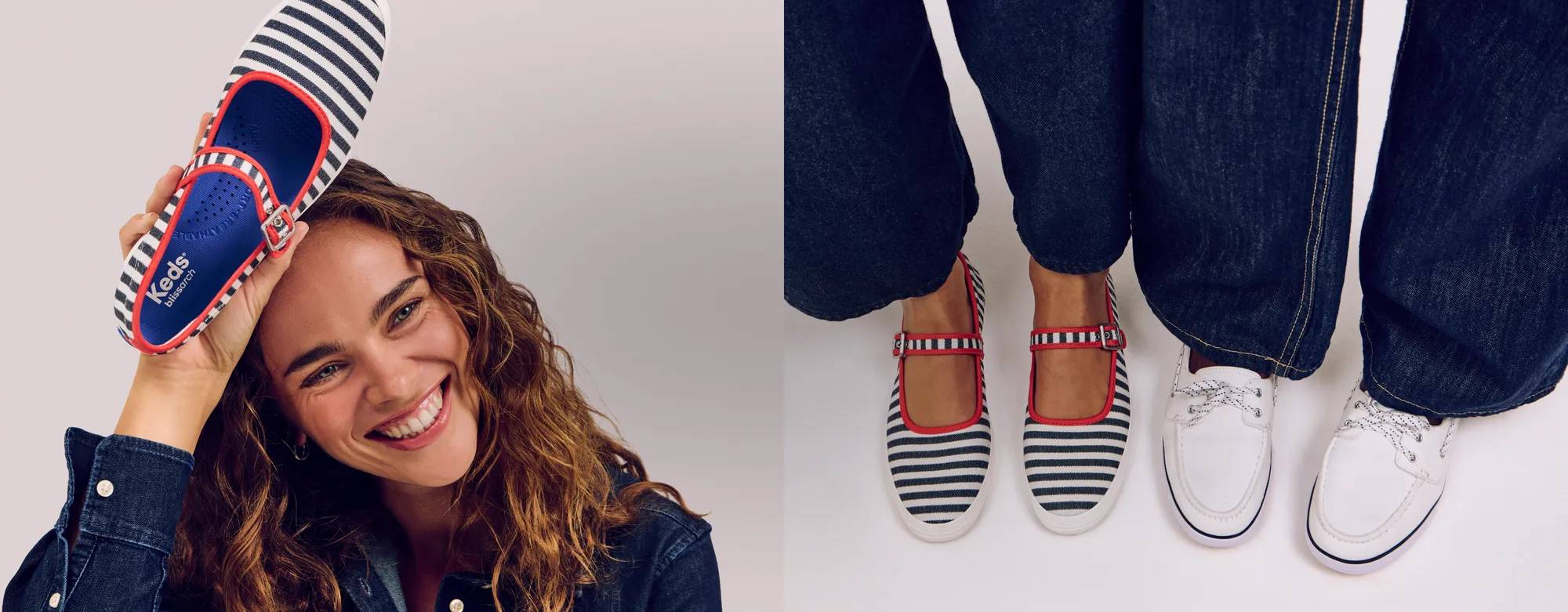 A woman wearing a dark wash denim button up, she is smiling and holding the Maisie Mary Jane Printed Stripe Twill flat in white/navy/red up above her head. A top-down view of the two nautical-inspired styles—the Maisie Mary Jane Printed Stripe Twill flats in white/navy/red and the Center III Boat Twill Slip-On in white— shown on foot paired with dark-wash denim. Text on the image says: Trending: Coastal Cool. Shop Nautical.