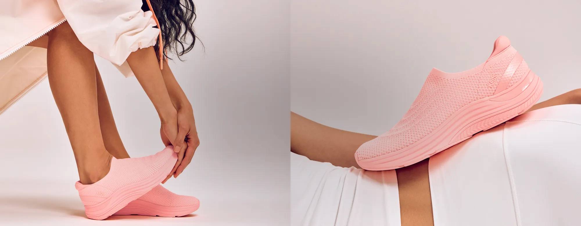 The BlissMove Knit Ease Slip-On in neon coral shown paired with an all-white athletic outfit. Text on the image says Comfort That Never Quits. Shop BlissMove. Shop All Comfort.