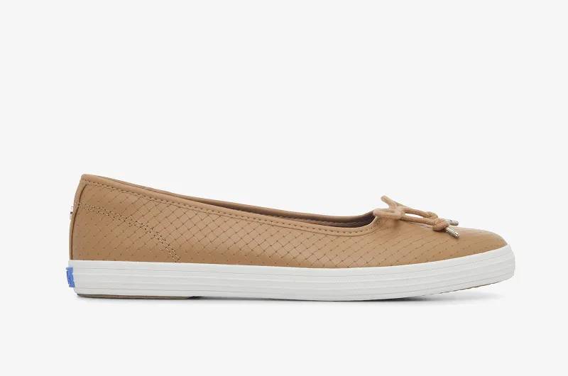 A side view of the Maisie Ballet Basketweave Emboss Leather flat in Tan. Shop Now.