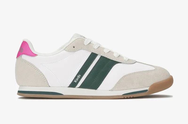 A side view of the Revival Suede/Leather Lace-Up in White/Green/Pink. Shop Now.