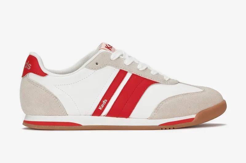 A side view of the Revival Nylon/Suede/Leather Lace-Up in snow white/neon red.
