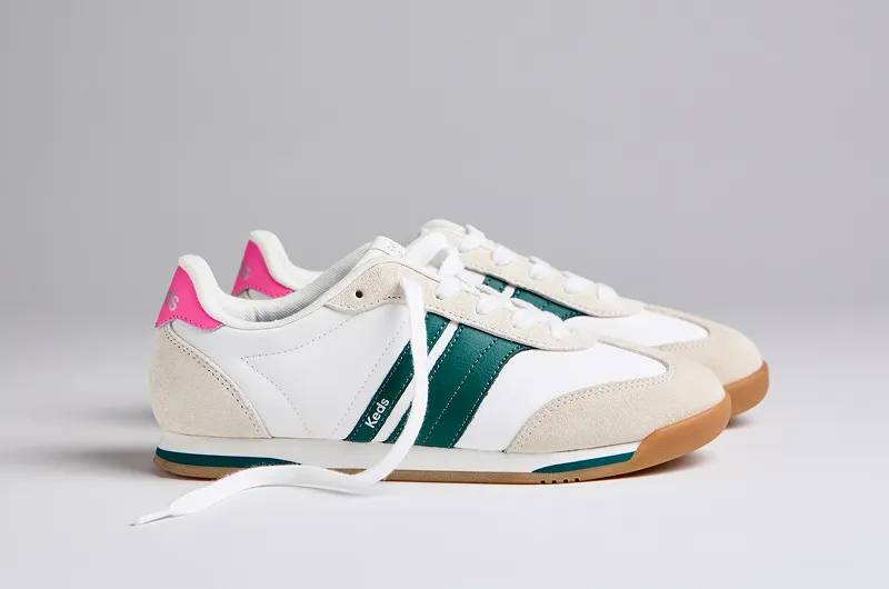 A side view of the Revival Nylon/Suede/Leather Lace-Up in snow white/forest green/hot pink.