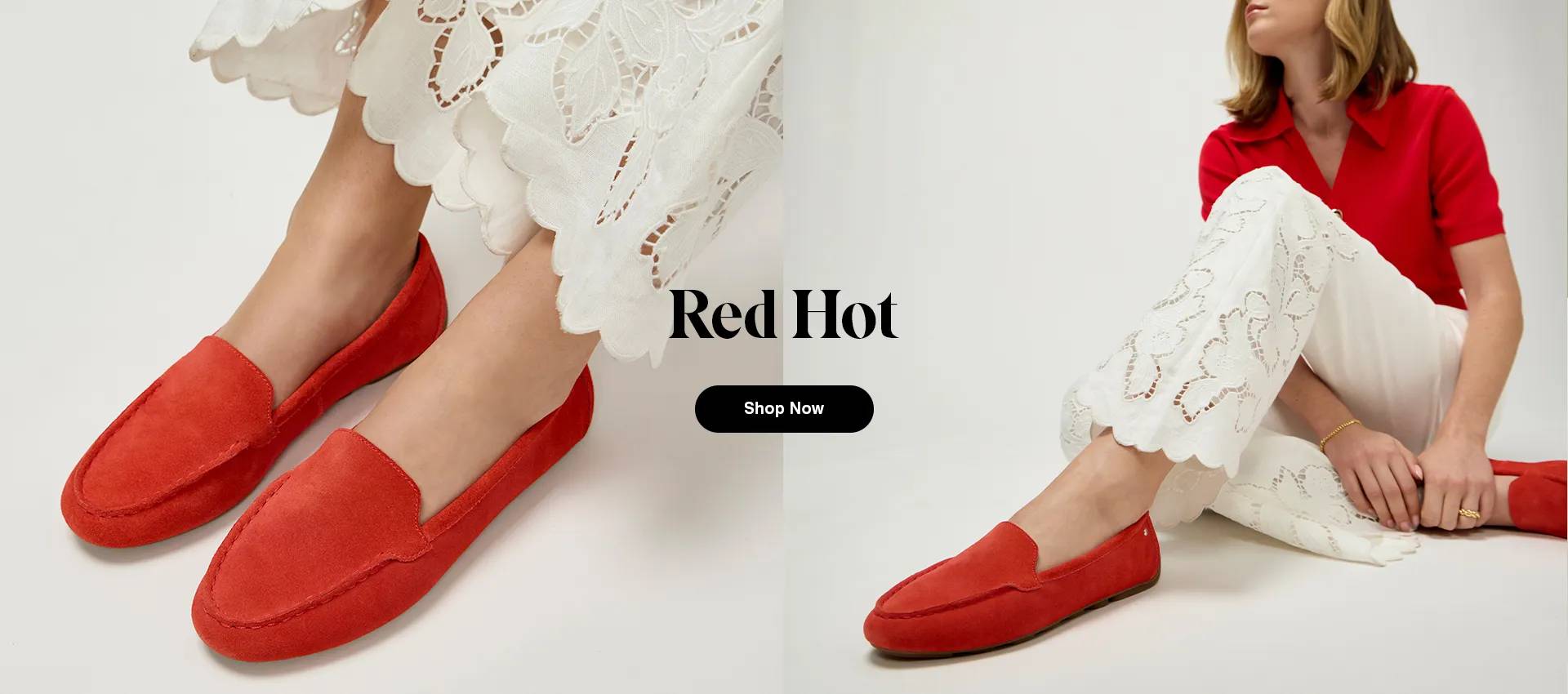A woman sitting on the floor in a red flats.