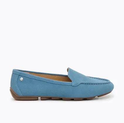 A side view of a blue womens ozzie loafer