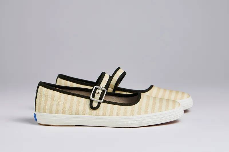 A side view of the Maisie Mary Jane Printed Stripe Twill flats in black/natural. Shop Mary Janes.