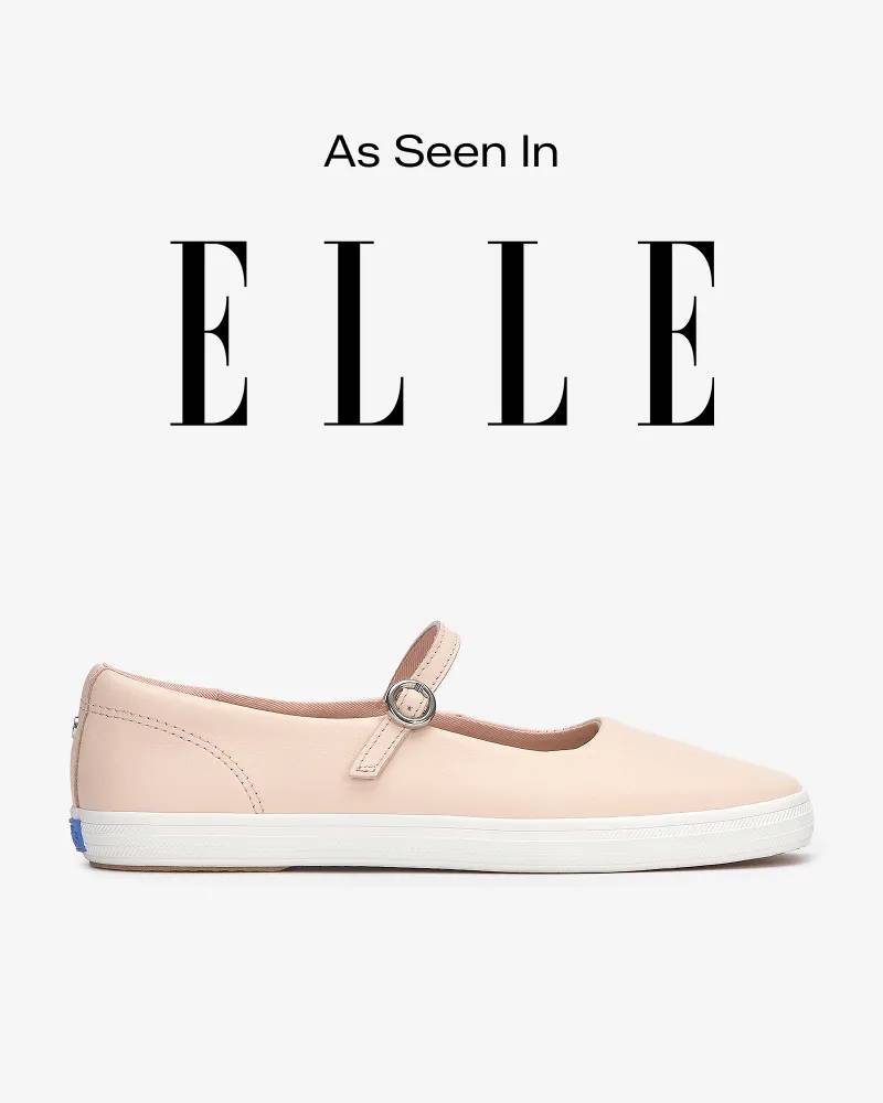 Text that says As Seen In sits above the ELLE logo. Below is a product image of the Square Toe Leather Mary Jane in peony pink. Text below reads Square Toe Mary Jane. The unexpected trend taking over. Shop Now.