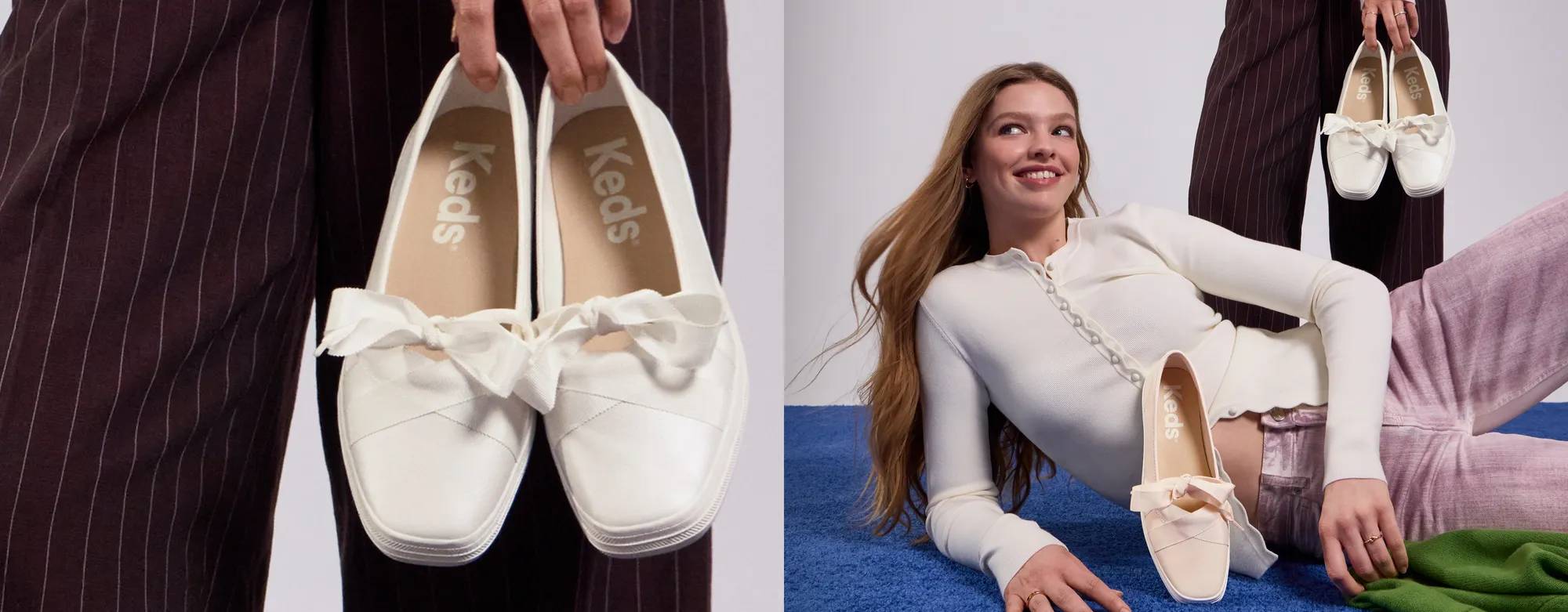 A closeup of the Square Toe Ballet flats in white pearlized leather being held up against brown pinstriped trousers. Text on the image says Fall Preview. Explore fall shop. The Square Toe Leather Ballet in fall blush shown in the foreground angled upward to display the footbed and bow detail. The shoe is resting against a woman reclining on a blue carpeted floor, she is wearing a cream-colored long-sleeved button-up sweater and pink jeans. Another woman is standing behind her holding the Square Toe Leather Ballet in white pearlized leather up against her chocolate brown pinstriped trousers.