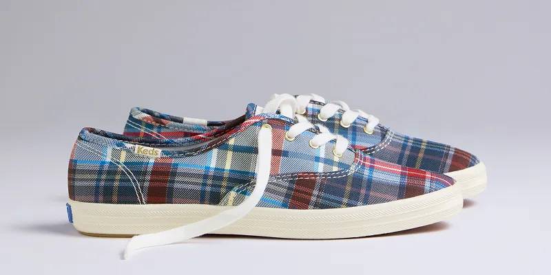 A side view of the Keds Champion Classic Plaid Lace-Up in blue/red.