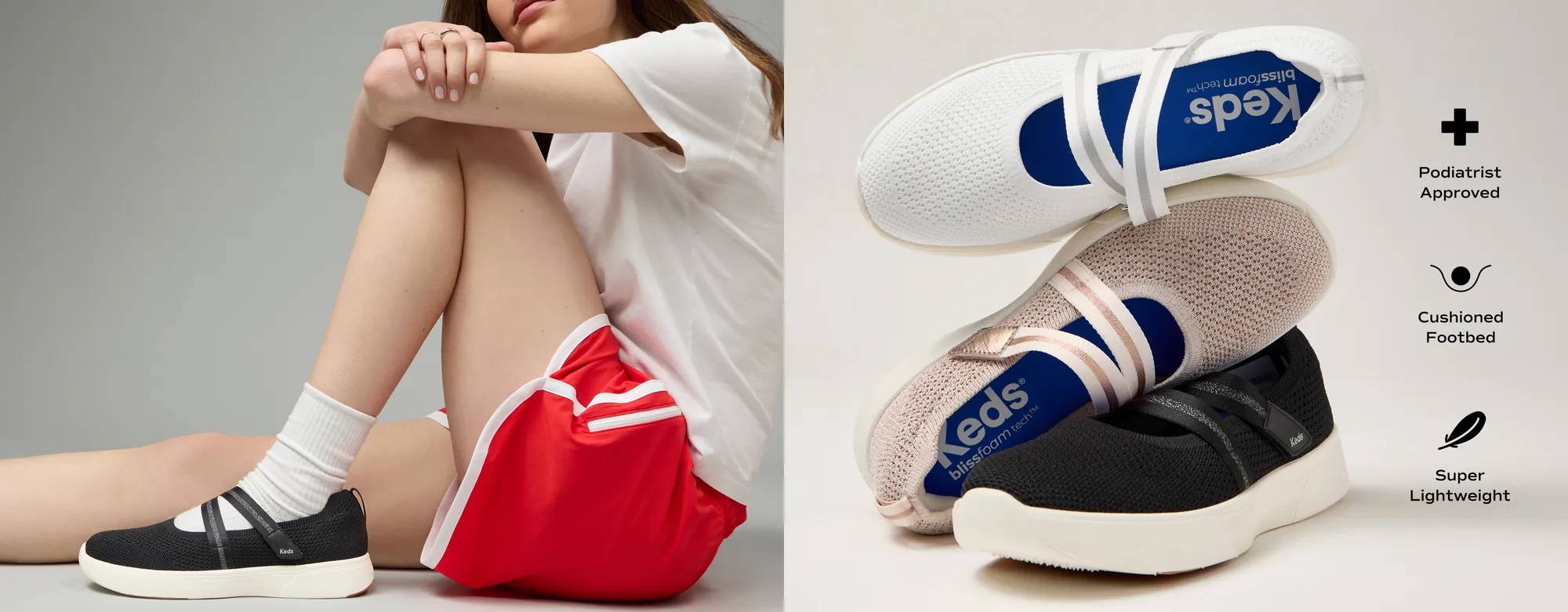 The new BlissWalk Mary Jane sneaker in black stretch knit shown on foot paired with a white T-shirt, red athletic shorts and white socks. Text on the image says New Style Drop! Meet BlissWalk Mary Jane. Shop the Drop. A stack of all three colors of the new BlissWalk Mary Jane: black, rosewater, and white. To the right of the stack of sneakers, text with corresponding icons call out three main features of the sneaker: podiatrist approved, cushioned footbed, and super lightweight.