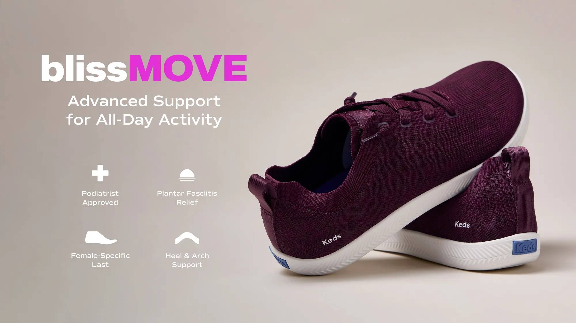 A taupe background with a stacked pair of the BlissMove Champ Tonal Plaid Engineered Knit Slip-On in fig. The text says BlissMove: Advanced Support For All-Day Activity. Comfort features with corresponding icons include: Plantar Fasciitis Relief, Heel & Arch Support Eases Strain, Podiatrist Approved, and Sculpted Midsole for Superior Fit.