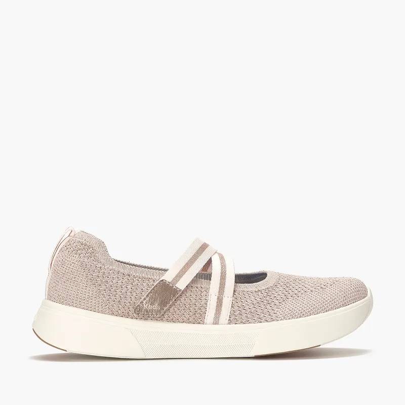 A side view of the BlissWalk Mary Jane Engineered Knit in rosewater/rose gold.