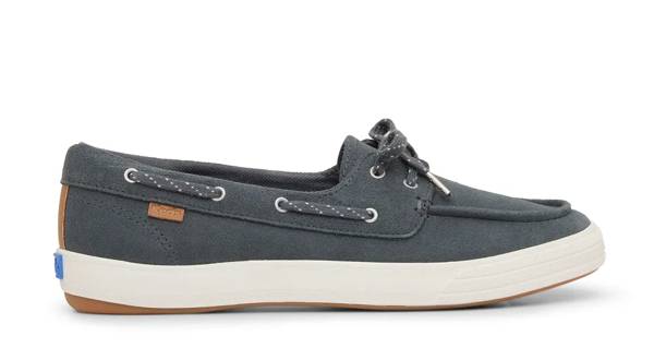 A side view of the Center III Suede Boat Shoe in dark grey.