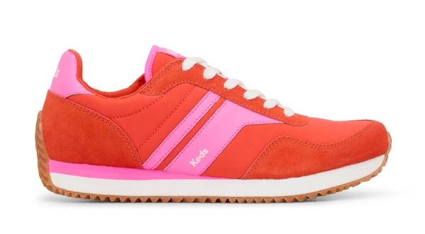 A side view of the Rena Nylon/Suede Lace-Up in red/fuchsia.
