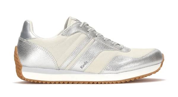 A side view of the Rena Nylon/Washed Metallic Leather Lace-Up in silver.