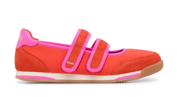 A side view of the Revival Nylon/Suede Mary Jane in red/fuchsia.