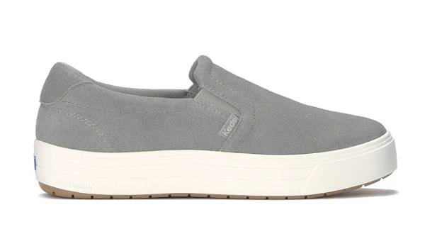 A side view of the Park Suede Platform Slip-On in grey. Shop Platforms.