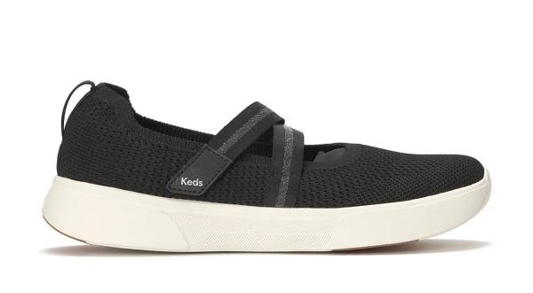 A side view of the BlissWalk Mary Jane Engineered Knit sneaker in black/gunmetal Shop Mary Janes.