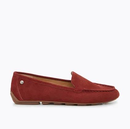 a side view of a red suede women's ozzie driving loafer
