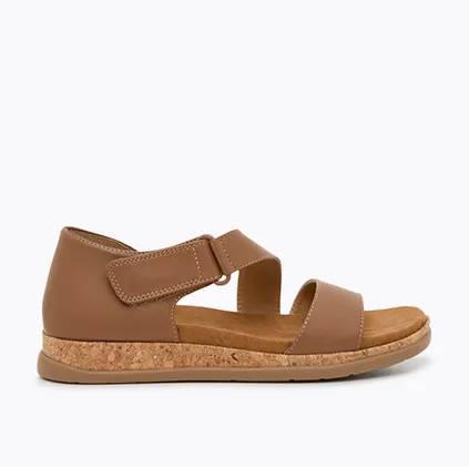 a side view of a womens rovie sandal mocha brown