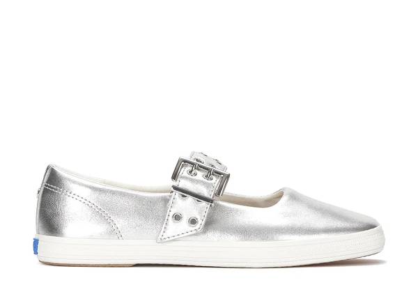 A side view of the Square Toe Mary Jane Grommet Metallic Leather in silver.