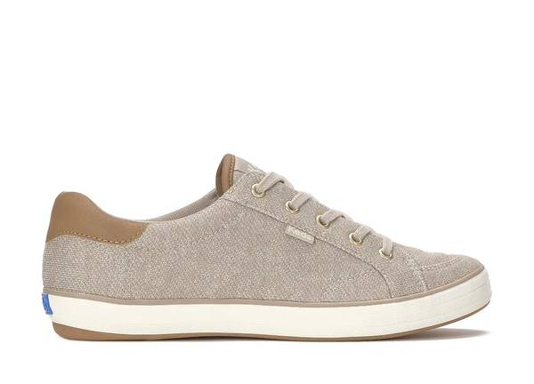 A side view of the Center III Metallic Sweatshirt Jersey Lace-Up in taupe/gold.