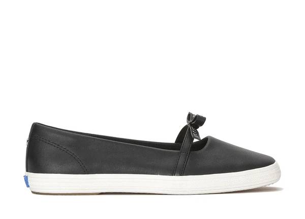 A side view of the Square Toe Mini Bow Leather in black.