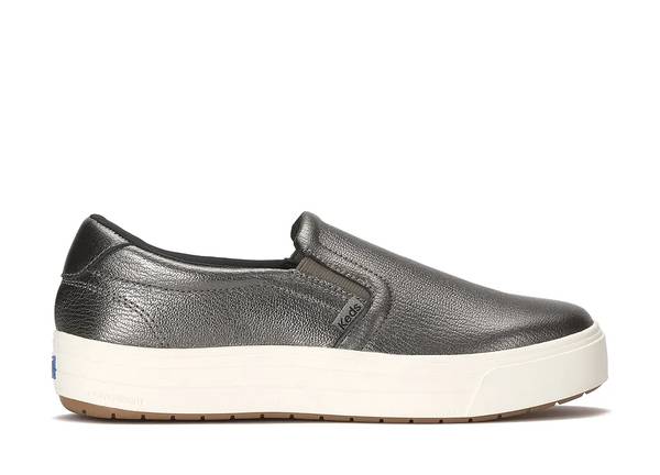 A side view of the Park Metallic Leather Slip-On in gunmetal.