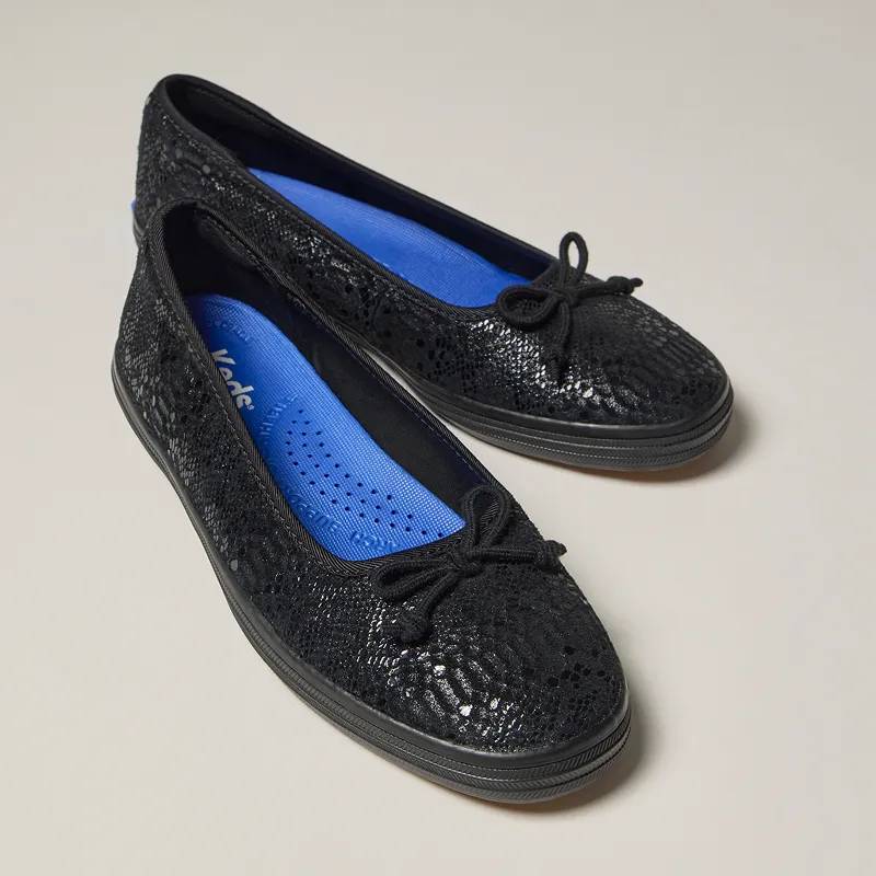 A pair of the Maisie Ballet Metallic Foil Snake Leather in black.
