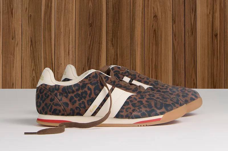 A side view of the Revival Leopard Suede in dark brown.