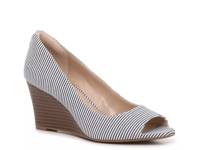 Sovena Pump Blue & White Stripe Fabric/Stacked Heel view