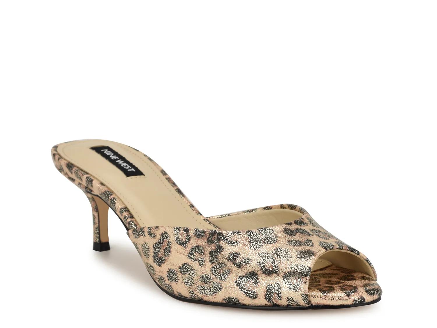 Nine West Luvlie 3 Sandal | Women's | Gold Metallic/Black Leopard Print | Size 6 | Sandals | Kitten