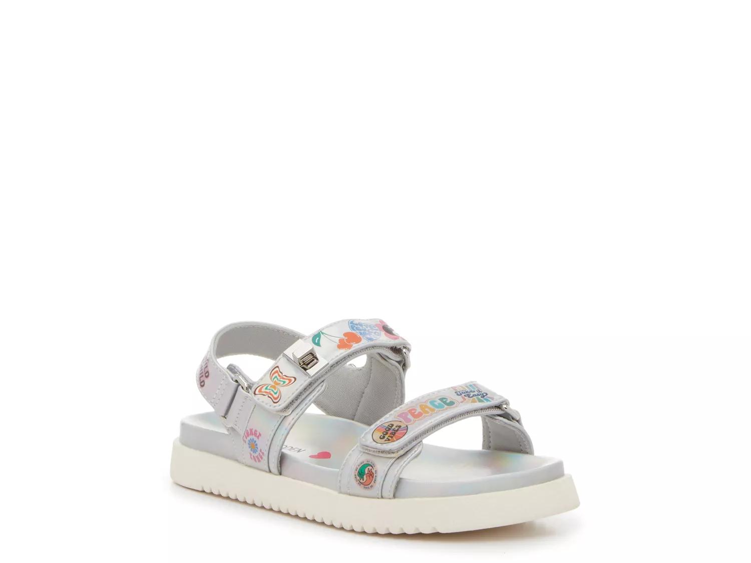 Steve Madden Mona Sandal Kids' | Girl's | Silver Metallic/Multicolor Cartoon Print | Size 4 Youth | Sandals | Footbed