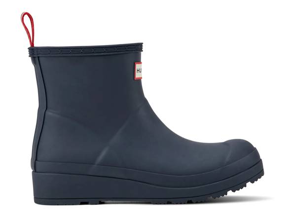 Featuring a blue rain boot from Hunter.