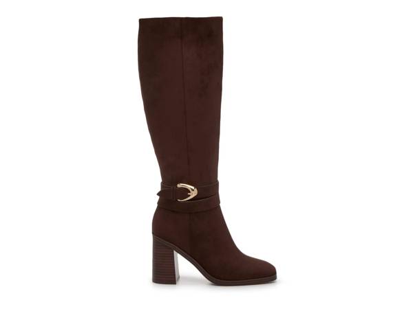 Featuring a brown, knee high suede boot